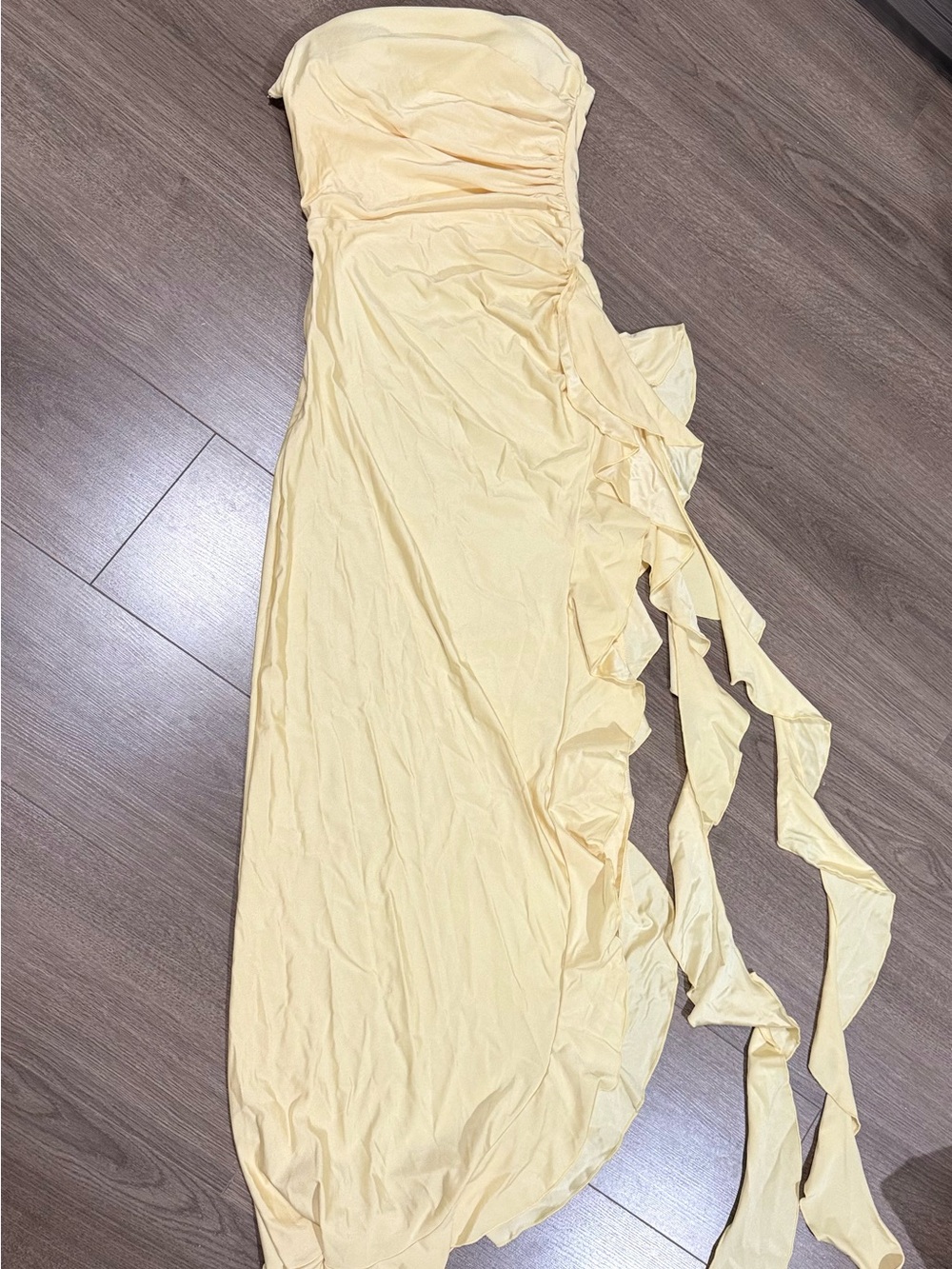 SHEIN Pale Yellow Strapless Ruffle-Side Maxi Dress
